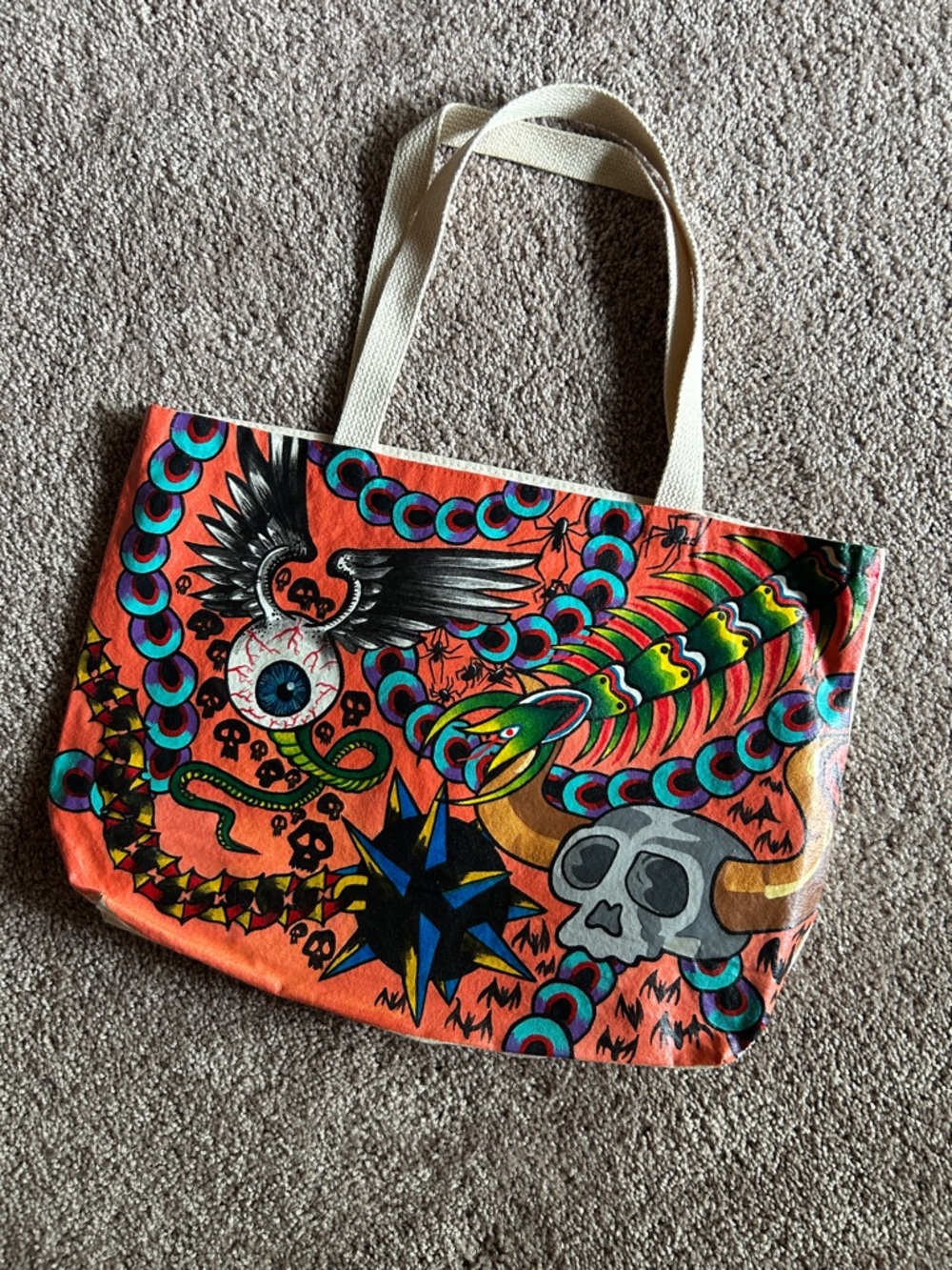 Orange Graphic Canvas Tote Bag with Multicolor Tattoo-Inspired Print